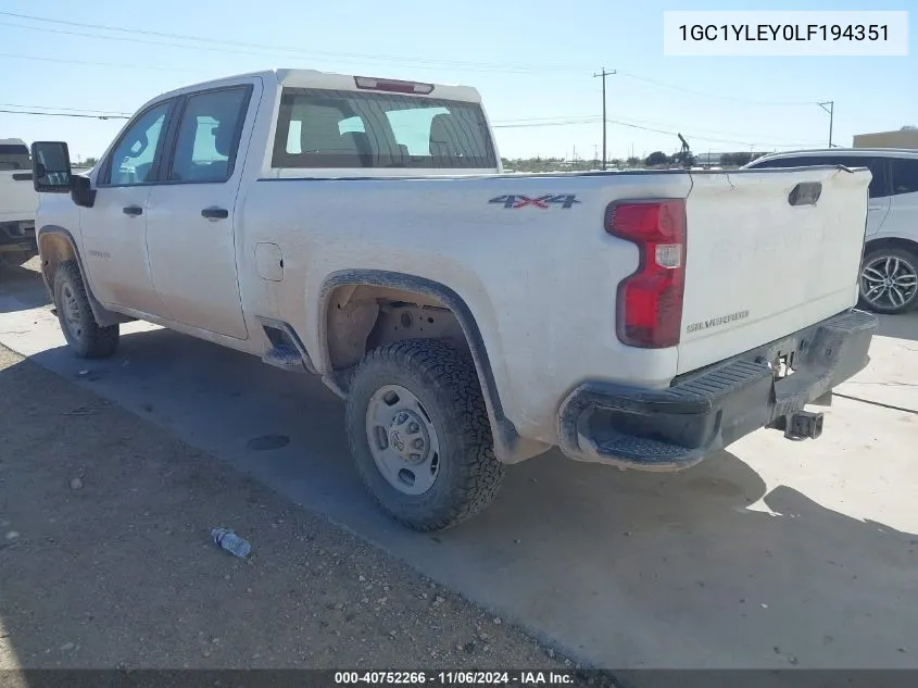 2020 Chevrolet Silverado 2500Hd 4Wd Standard Bed Wt VIN: 1GC1YLEY0LF194351 Lot: 40752266