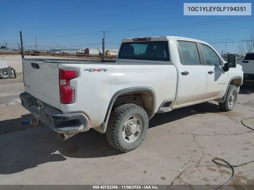 2020 Chevrolet Silverado 2500Hd 4Wd Standard Bed Wt VIN: 1GC1YLEY0LF194351 Lot: 40752266