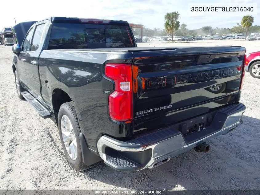 2020 Chevrolet Silverado 1500 4Wd Standard Bed Ltz VIN: 3GCUYGET8LG216040 Lot: 40794587