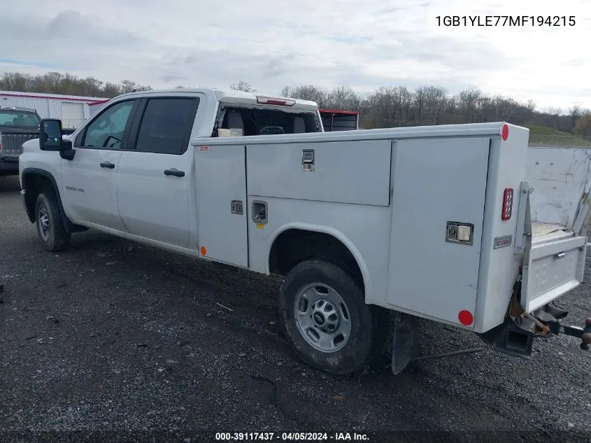 2021 Chevrolet Silverado 2500Hd 4Wd Long Bed Wt VIN: 1GB1YLE77MF194215 Lot: 39117437