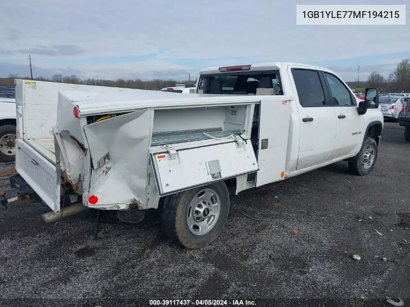 2021 Chevrolet Silverado 2500Hd 4Wd Long Bed Wt VIN: 1GB1YLE77MF194215 Lot: 39117437