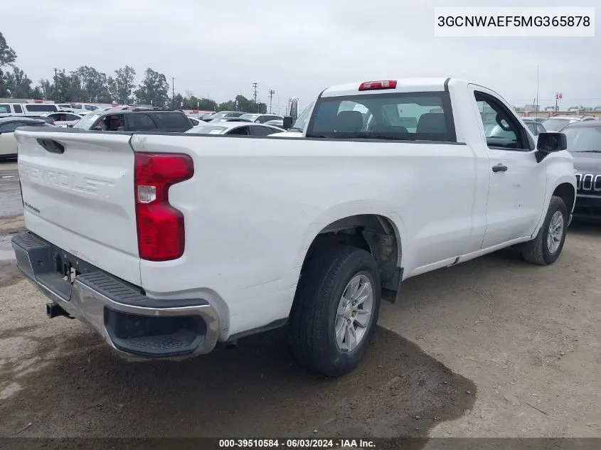 2021 Chevrolet Silverado 1500 2Wd Regular Cab Long Bed Wt VIN: 3GCNWAEF5MG365878 Lot: 39510584