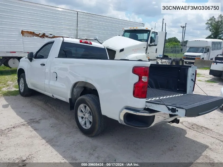 2021 Chevrolet Silverado 1500 2Wd Regular Cab Long Bed Wt VIN: 3GCNWAEF3MG306750 Lot: 39605435