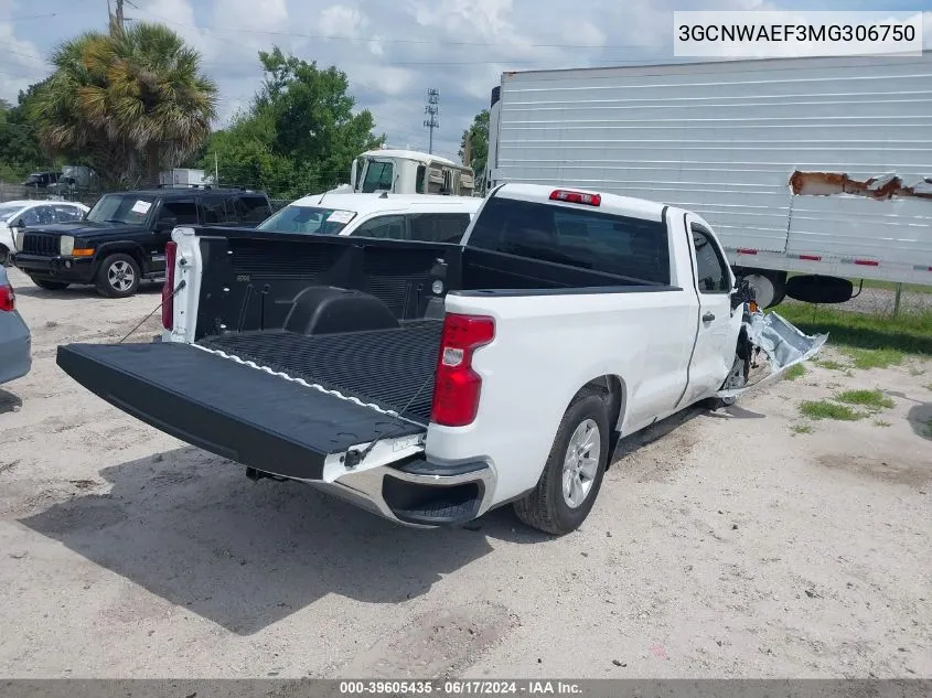 2021 Chevrolet Silverado 1500 2Wd Regular Cab Long Bed Wt VIN: 3GCNWAEF3MG306750 Lot: 39605435