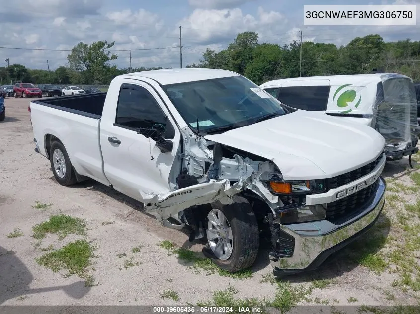 2021 Chevrolet Silverado 1500 2Wd Regular Cab Long Bed Wt VIN: 3GCNWAEF3MG306750 Lot: 39605435