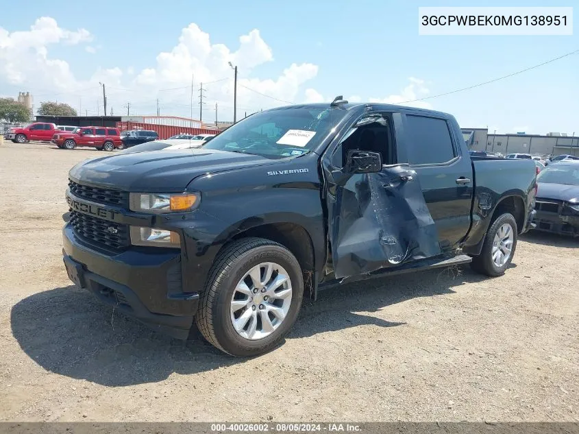 2021 Chevrolet Silverado 1500 2Wd Short Bed Custom VIN: 3GCPWBEK0MG138951 Lot: 40026002