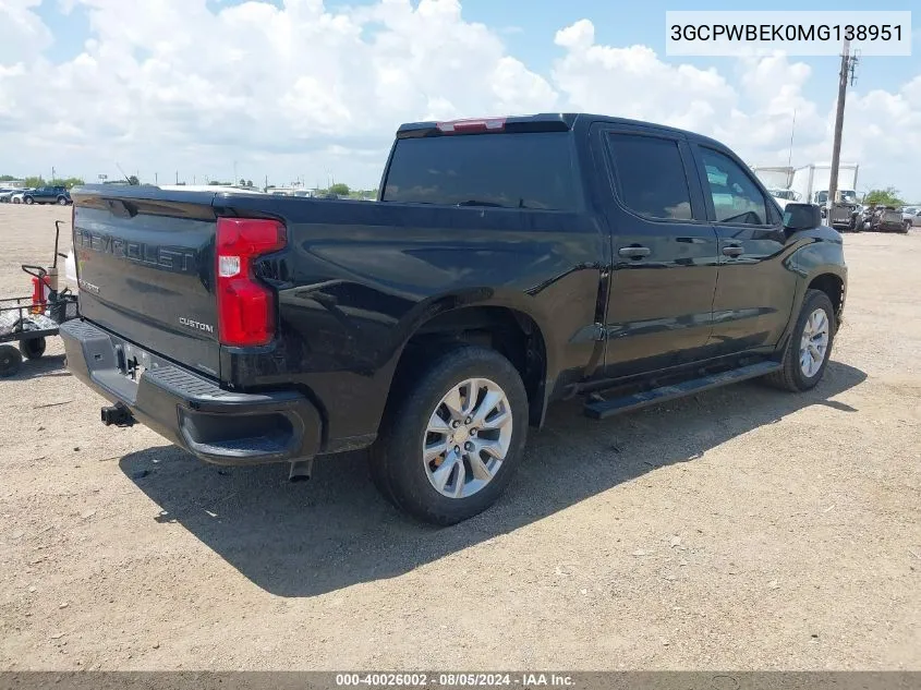 2021 Chevrolet Silverado 1500 2Wd Short Bed Custom VIN: 3GCPWBEK0MG138951 Lot: 40026002