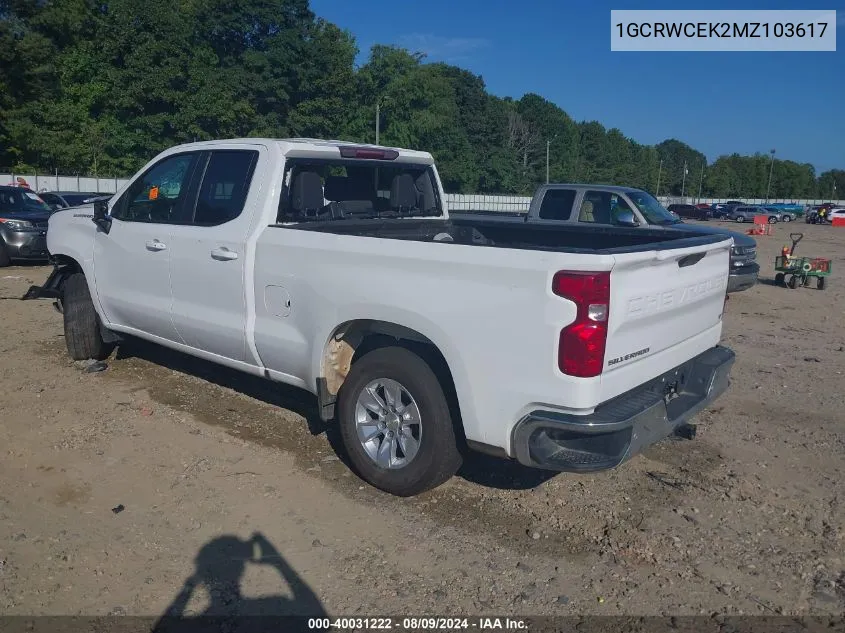 2021 Chevrolet Silverado 1500 2Wd Double Cab Standard Bed Lt VIN: 1GCRWCEK2MZ103617 Lot: 40031222