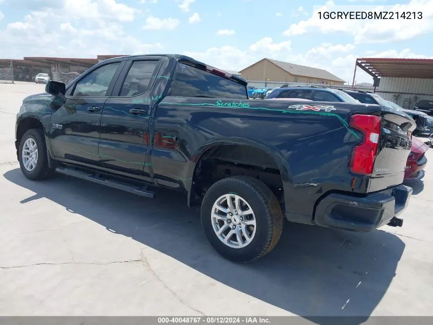 2021 Chevrolet Silverado 1500 4Wd Double Cab Standard Bed Rst VIN: 1GCRYEED8MZ214213 Lot: 40048767