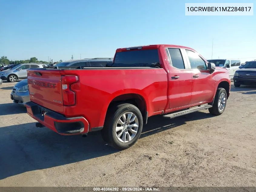 2021 Chevrolet Silverado 1500 2Wd Double Cab Standard Bed Custom VIN: 1GCRWBEK1MZ284817 Lot: 40386292