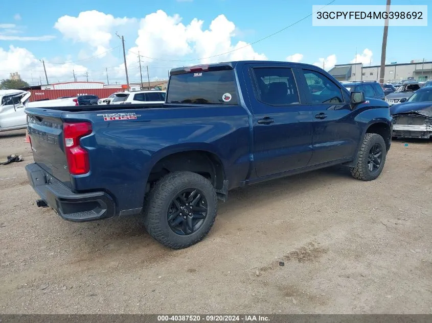 2021 Chevrolet Silverado 1500 4Wd Short Bed Lt Trail Boss VIN: 3GCPYFED4MG398692 Lot: 40387520