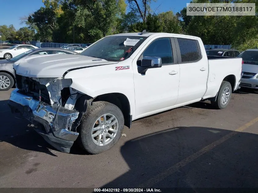 2021 Chevrolet Silverado 1500 4Wd Standard Bed Lt VIN: 3GCUYDET7MG188117 Lot: 40432192