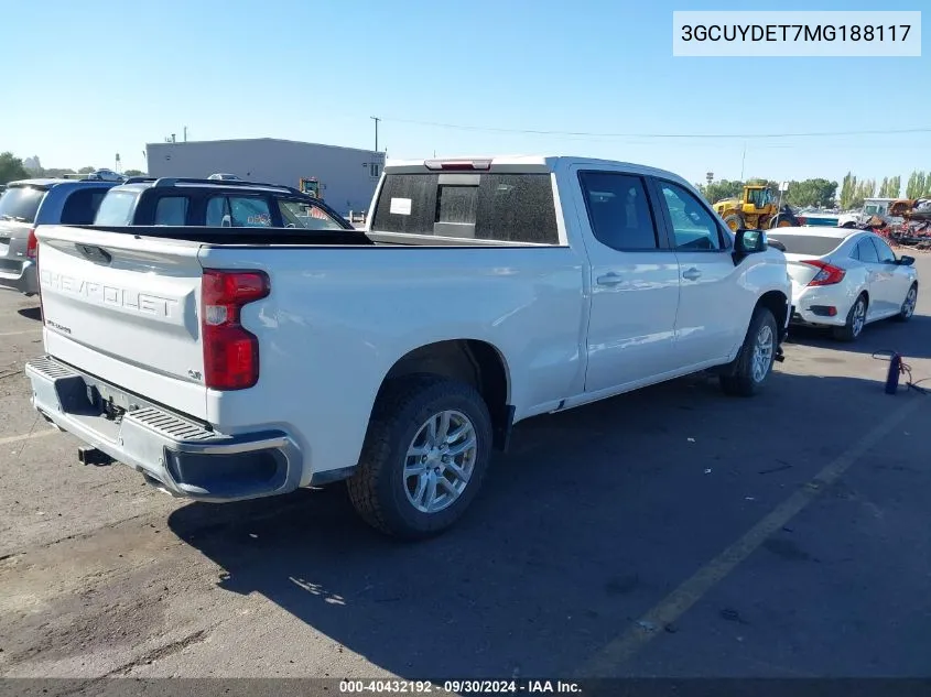 2021 Chevrolet Silverado 1500 4Wd Standard Bed Lt VIN: 3GCUYDET7MG188117 Lot: 40432192