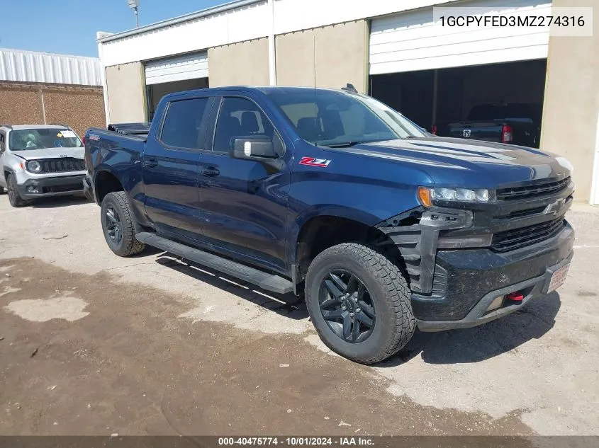 2021 Chevrolet Silverado 1500 K1500 Lt Trail Boss VIN: 1GCPYFED3MZ274316 Lot: 40475774