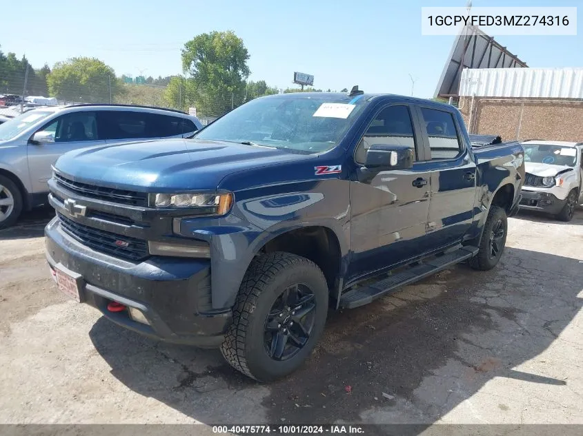 2021 Chevrolet Silverado 1500 K1500 Lt Trail Boss VIN: 1GCPYFED3MZ274316 Lot: 40475774