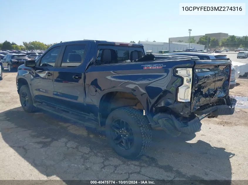 2021 Chevrolet Silverado 1500 K1500 Lt Trail Boss VIN: 1GCPYFED3MZ274316 Lot: 40475774