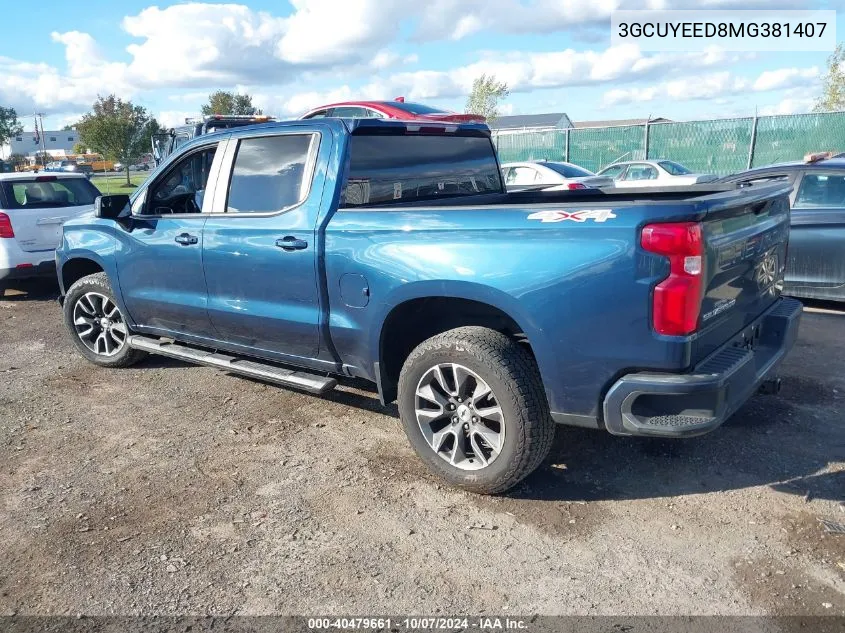 2021 Chevrolet Silverado 1500 4Wd Short Bed Rst VIN: 3GCUYEED8MG381407 Lot: 40479661