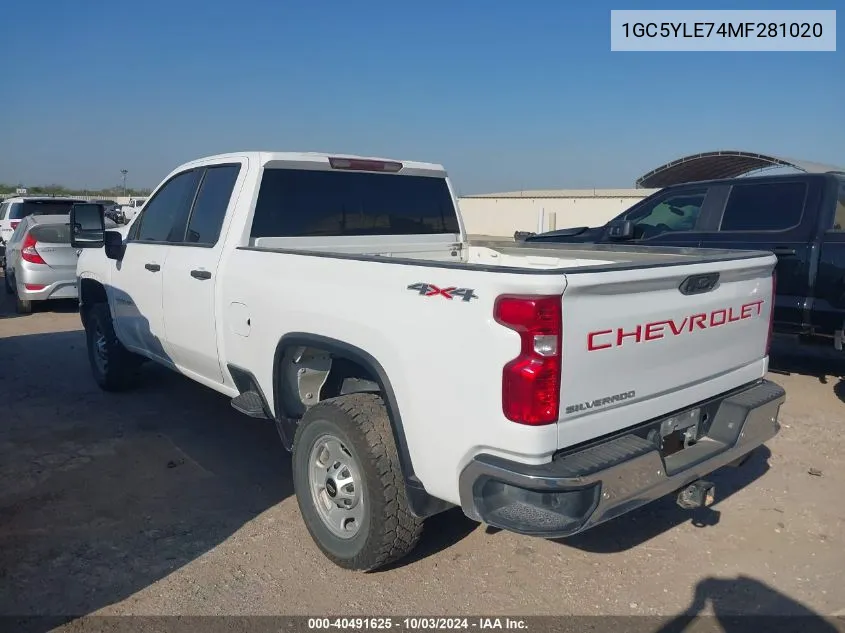 2021 Chevrolet Silverado 2500Hd 4Wd Standard Bed Wt VIN: 1GC5YLE74MF281020 Lot: 40491625