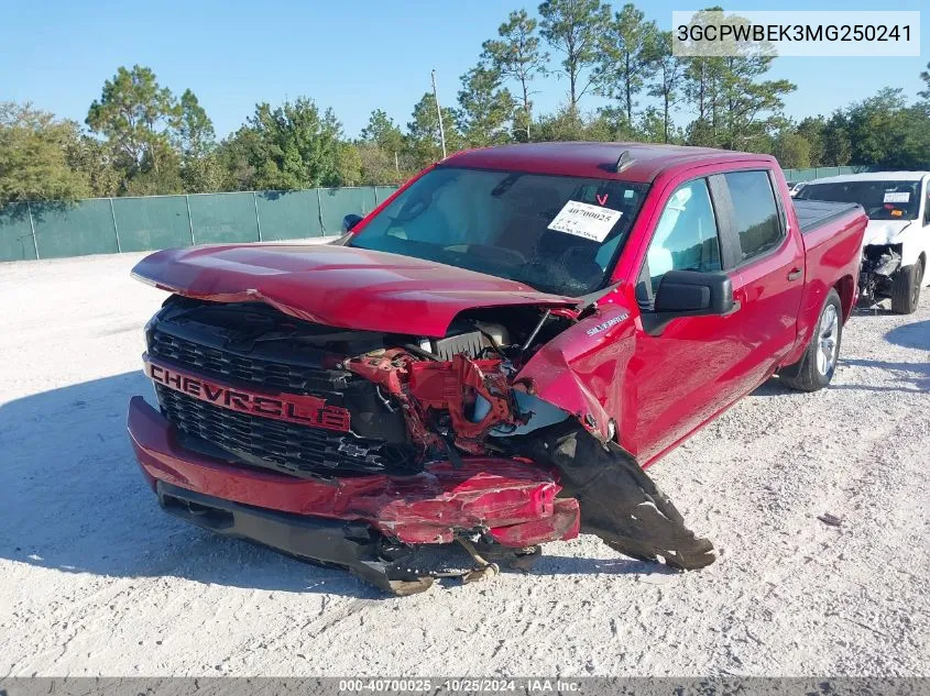 2021 Chevrolet Silverado 1500 2Wd Short Bed Custom VIN: 3GCPWBEK3MG250241 Lot: 40700025