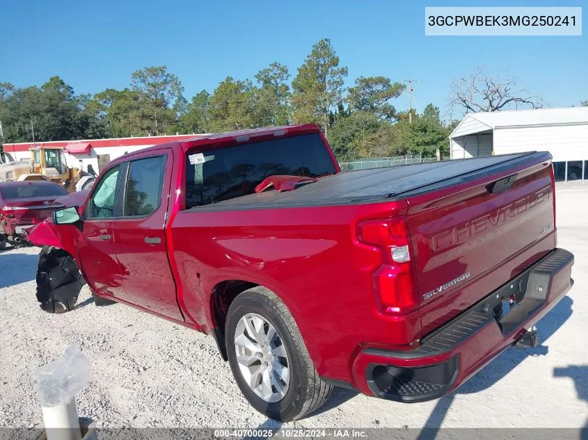 2021 Chevrolet Silverado 1500 2Wd Short Bed Custom VIN: 3GCPWBEK3MG250241 Lot: 40700025