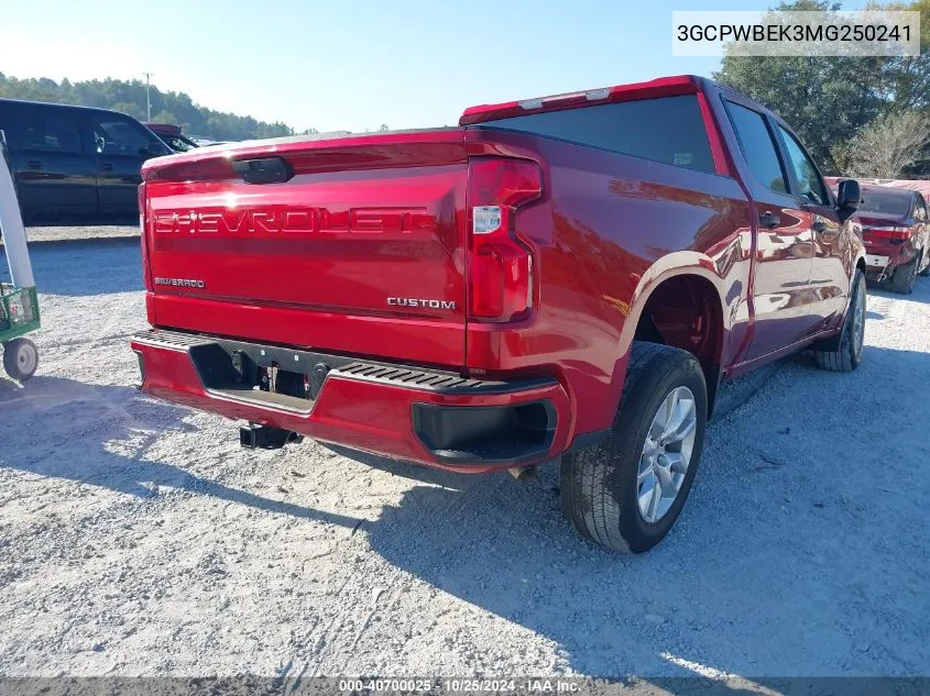 2021 Chevrolet Silverado 1500 2Wd Short Bed Custom VIN: 3GCPWBEK3MG250241 Lot: 40700025