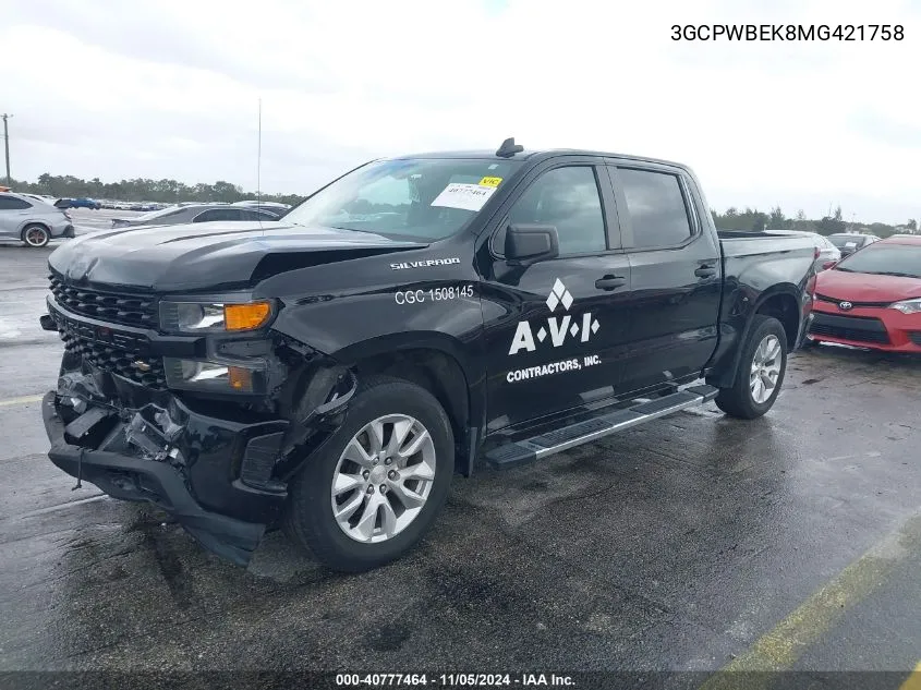 2021 Chevrolet Silverado 1500 2Wd Short Bed Custom VIN: 3GCPWBEK8MG421758 Lot: 40777464