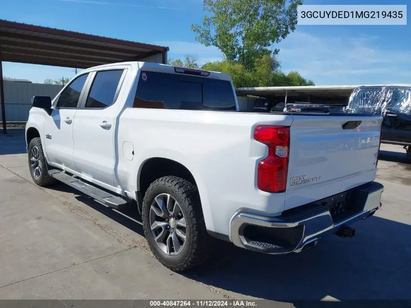 2021 Chevrolet Silverado 1500 4Wd Short Bed Lt VIN: 3GCUYDED1MG219435 Lot: 40847264