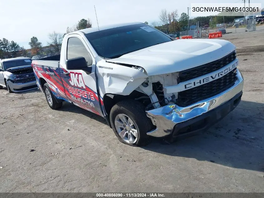 2021 Chevrolet Silverado 1500 2Wd Long Bed Wt VIN: 3GCNWAEF5MG403061 Lot: 40856090