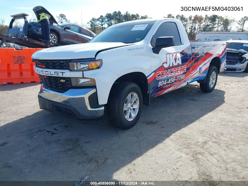 2021 Chevrolet Silverado 1500 2Wd Long Bed Wt VIN: 3GCNWAEF5MG403061 Lot: 40856090