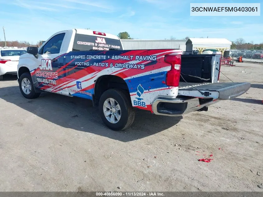 2021 Chevrolet Silverado 1500 2Wd Long Bed Wt VIN: 3GCNWAEF5MG403061 Lot: 40856090