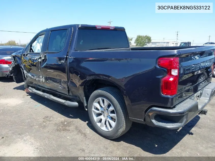 2022 Chevrolet Silverado 1500 2Wd Short Bed Custom VIN: 3GCPABEK8NG533122 Lot: 40054319