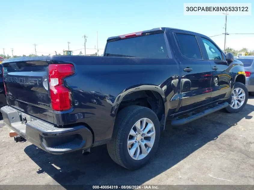 2022 Chevrolet Silverado 1500 2Wd Short Bed Custom VIN: 3GCPABEK8NG533122 Lot: 40054319