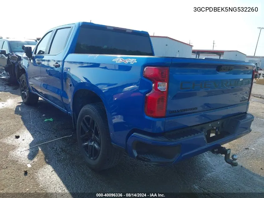 2022 Chevrolet Silverado 1500 4Wd Short Bed Custom VIN: 3GCPDBEK5NG532260 Lot: 40096336