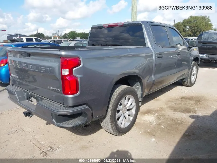 2022 Chevrolet Silverado 1500 Ltd C1500 Custom VIN: 3GCPWBEK3NG130988 Lot: 40395950