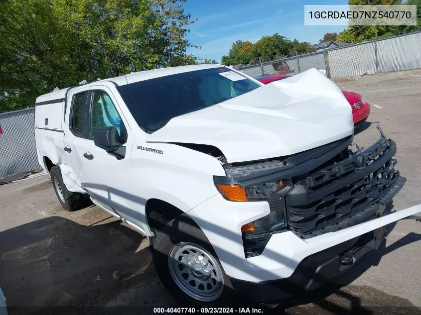 2022 Chevrolet Silverado 1500 4Wd Double Cab Standard Bed Wt VIN: 1GCRDAED7NZ540770 Lot: 40407740