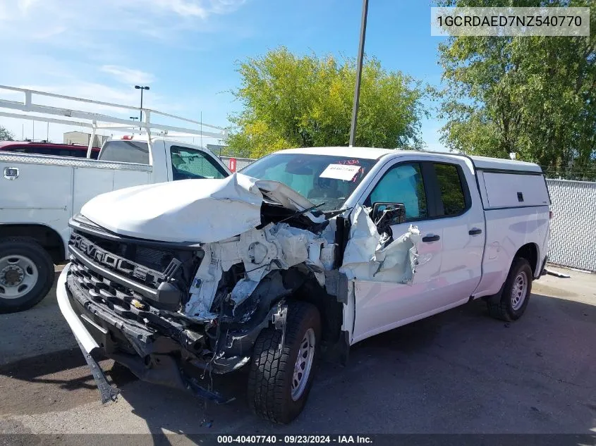 2022 Chevrolet Silverado 1500 4Wd Double Cab Standard Bed Wt VIN: 1GCRDAED7NZ540770 Lot: 40407740