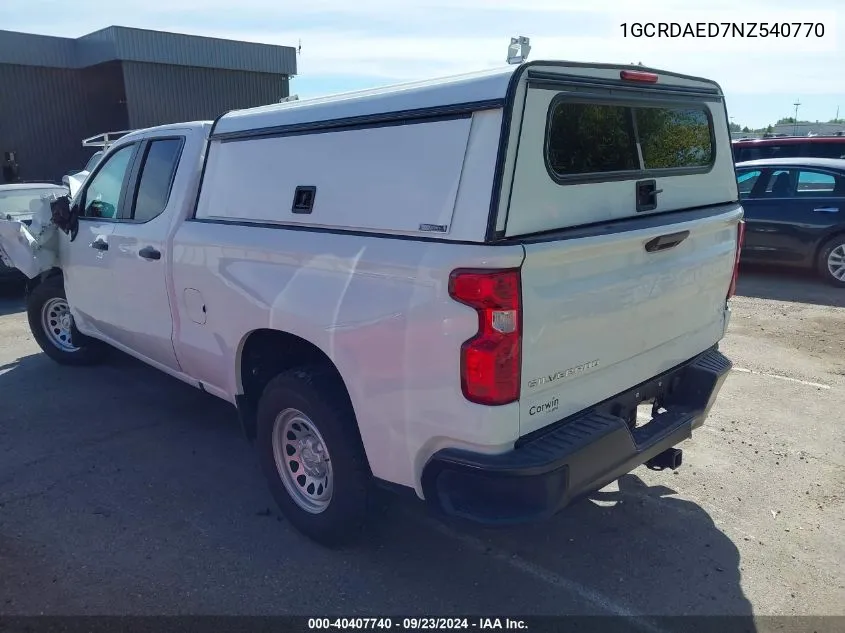 2022 Chevrolet Silverado 1500 4Wd Double Cab Standard Bed Wt VIN: 1GCRDAED7NZ540770 Lot: 40407740