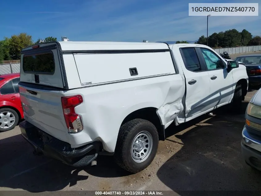 2022 Chevrolet Silverado 1500 4Wd Double Cab Standard Bed Wt VIN: 1GCRDAED7NZ540770 Lot: 40407740