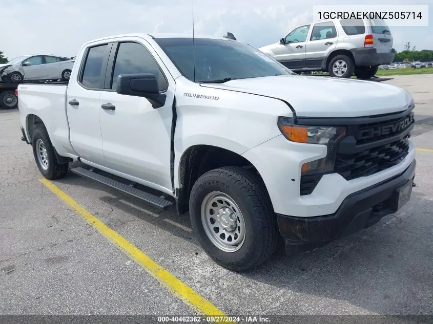 2022 Chevrolet Silverado 1500 4Wd Double Cab Standard Bed Wt VIN: 1GCRDAEK0NZ505714 Lot: 40462362