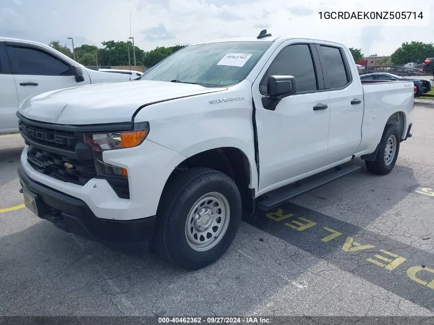 2022 Chevrolet Silverado 1500 4Wd Double Cab Standard Bed Wt VIN: 1GCRDAEK0NZ505714 Lot: 40462362