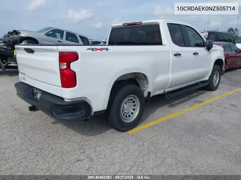 2022 Chevrolet Silverado 1500 4Wd Double Cab Standard Bed Wt VIN: 1GCRDAEK0NZ505714 Lot: 40462362