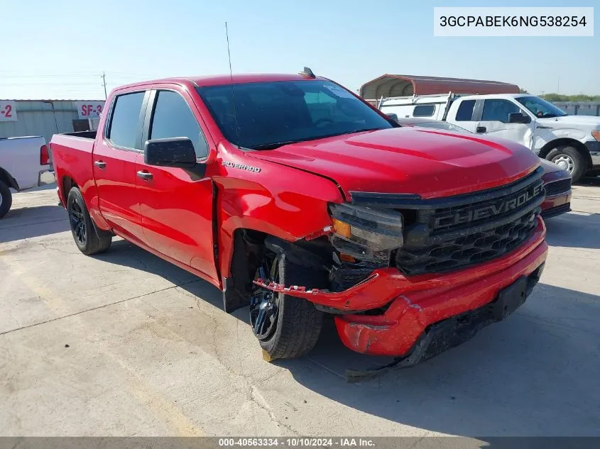 2022 Chevrolet Silverado 1500 2Wd Short Bed Custom VIN: 3GCPABEK6NG538254 Lot: 40563334