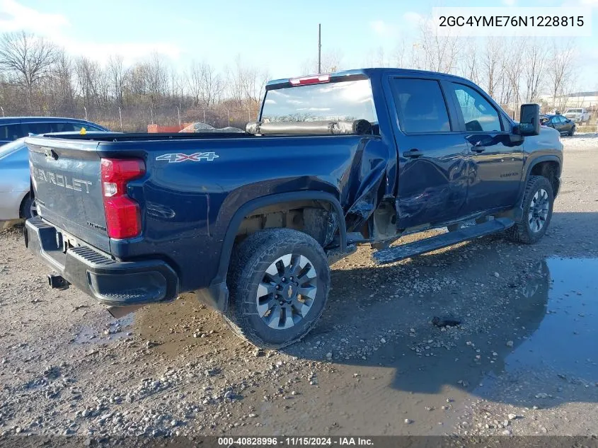 2022 Chevrolet Silverado 2500Hd 4Wd Standard Bed Custom VIN: 2GC4YME76N1228815 Lot: 40828996