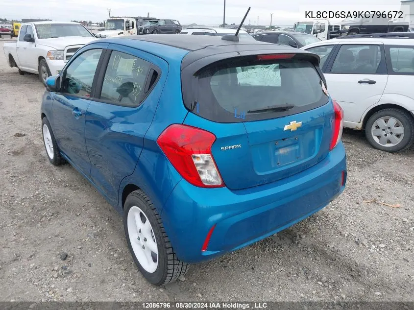 2019 Chevrolet Spark 1Lt VIN: KL8CD6SA9KC796672 Lot: 12086796