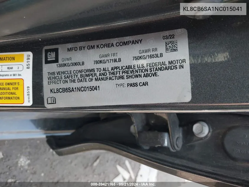 KL8CB6SA1NC015041 2022 Chevrolet Spark Fwd Ls Automatic