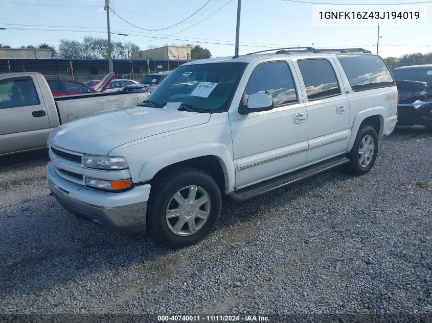 2003 Chevrolet Suburban K1500 VIN: 1GNFK16Z43J194019 Lot: 40740011