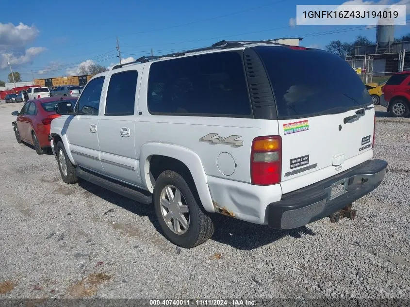 2003 Chevrolet Suburban K1500 VIN: 1GNFK16Z43J194019 Lot: 40740011