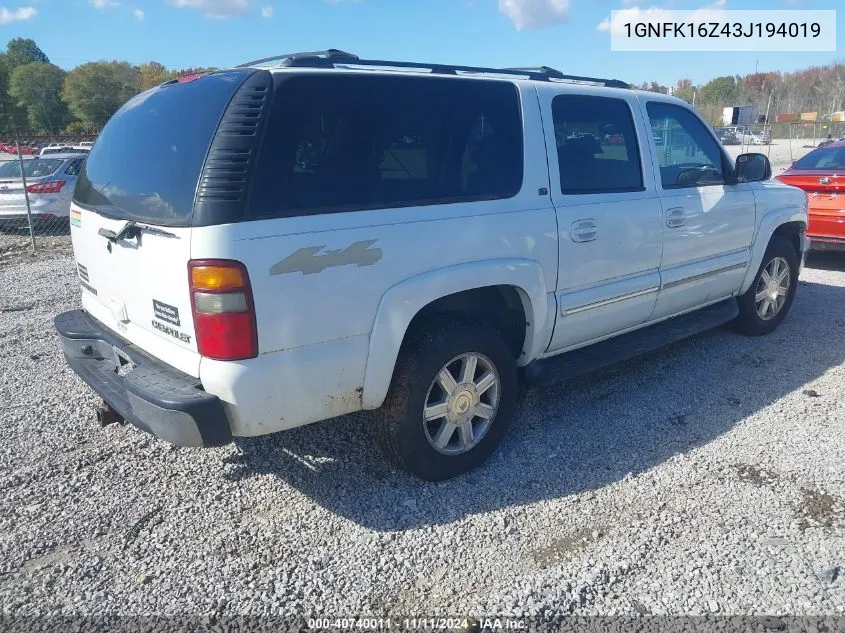 2003 Chevrolet Suburban K1500 VIN: 1GNFK16Z43J194019 Lot: 40740011