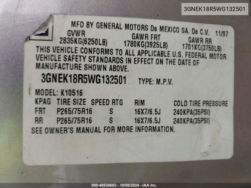 3GNEK18R5WG132501 1998 Chevrolet Tahoe K1500