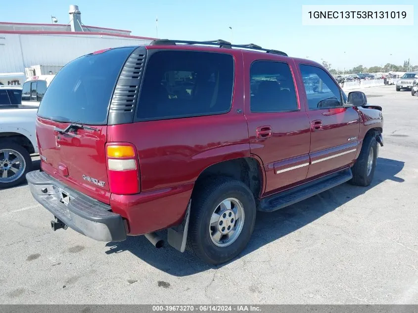 2003 Chevrolet Tahoe Lt VIN: 1GNEC13T53R131019 Lot: 39673270